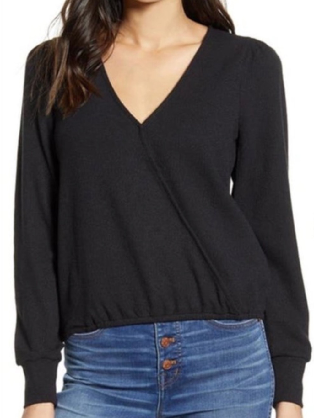 Madewell Texture & Thread Classic Puff-Sleeve Faux-Wrap Top Black Size Medium